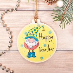 Новорічна іграшка "Happy New Year", гномик у жовтій шапочці з горошком, форма - кулька